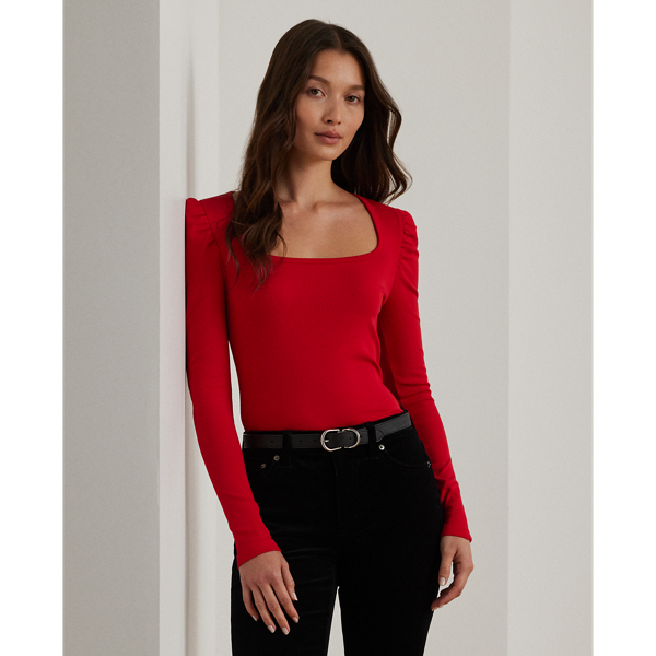 Festive Red Stretch Cotton Ribbed Puff-Sleeve Tee Lauren 1