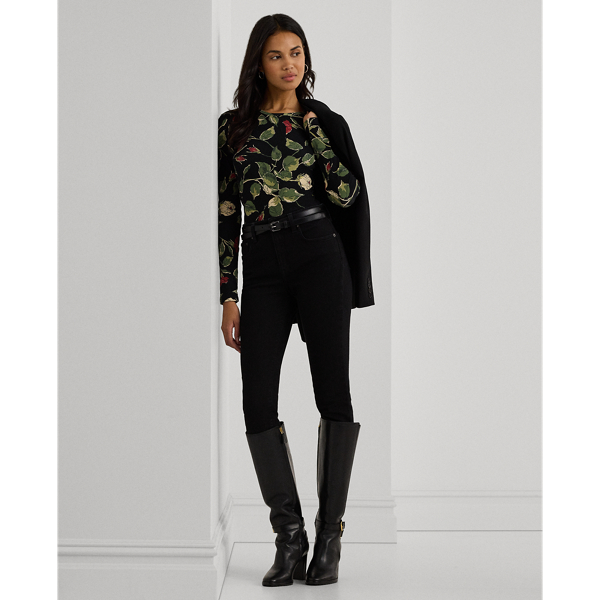 Black Multi Floral Stretch Cotton Long-Sleeve Tee Lauren 4