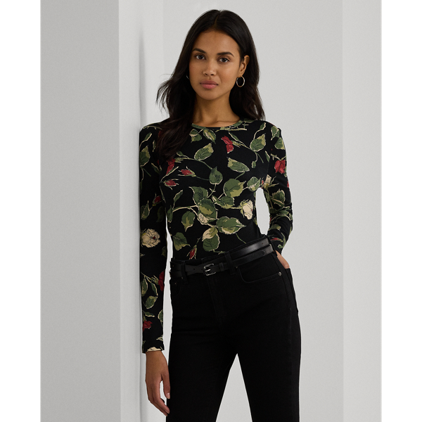 Black Multi Floral Stretch Cotton Long-Sleeve Tee Lauren 1