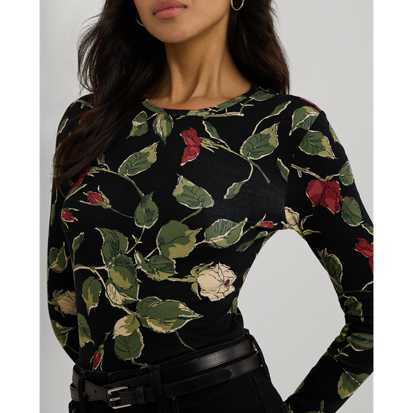 Black Multi Floral Stretch Cotton Long-Sleeve Tee Lauren 6