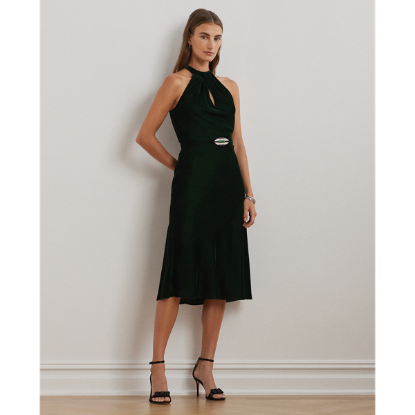 Emerald Green Velvet Belted Velvet Halter Dress Lauren 1