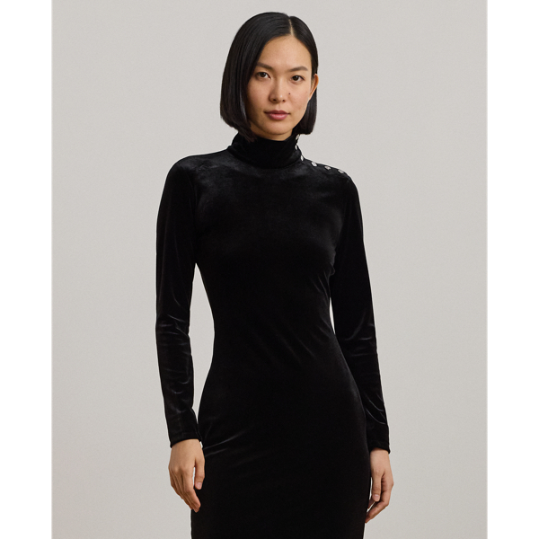 Button Trim Velvet Turtleneck Dress