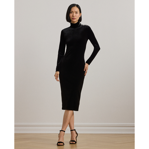 Button-Trim Velvet Turtleneck Dress