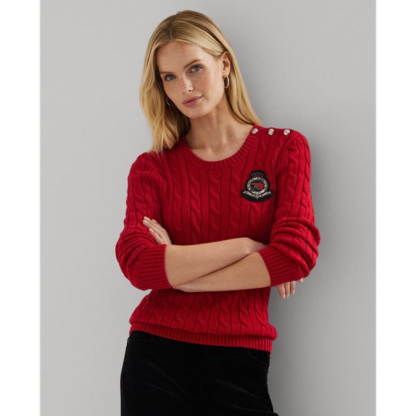 Festive Red Button-Trim Cable-Knit Cotton Jumper Lauren 1