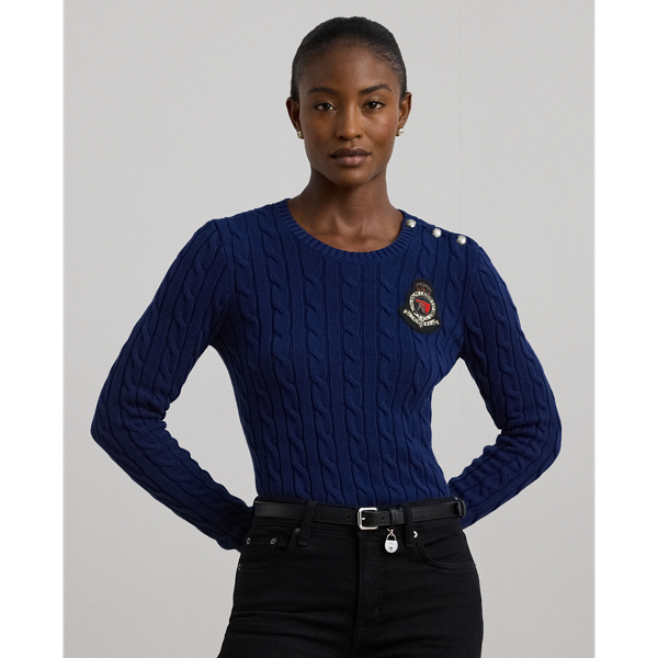 Holiday Navy Button-Trim Cable-Knit Cotton Sweater Lauren 1