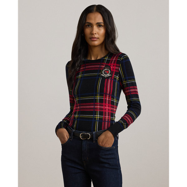 Checked Plaid Beaded-Crest Sweater