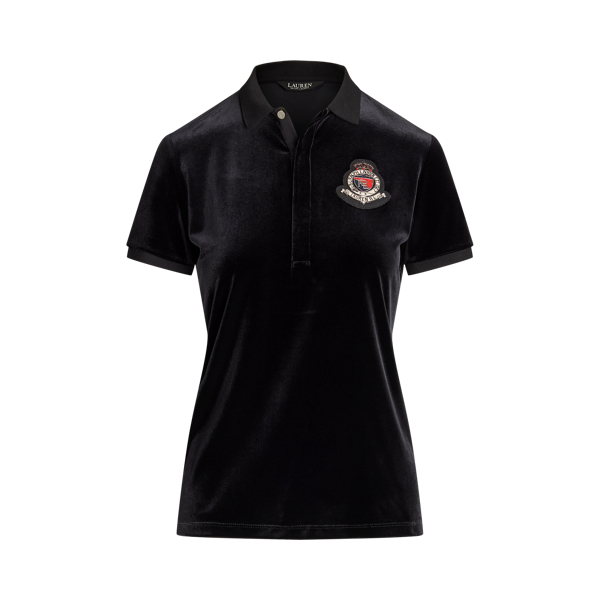 Beaded-Crest Stretch Velvet Polo Shirt
