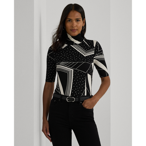 Black/Cream Geo-Print Stretch Jersey Turtleneck Lauren 1