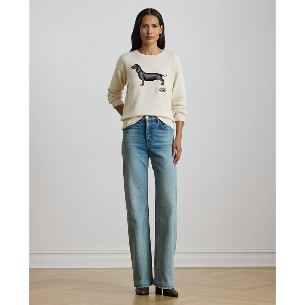 Mascarpone Cream Intarsia-Knit Dachshund Cotton Sweater Lauren 4