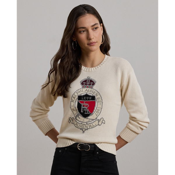 Intarsia-Knit Crest Cotton Sweater