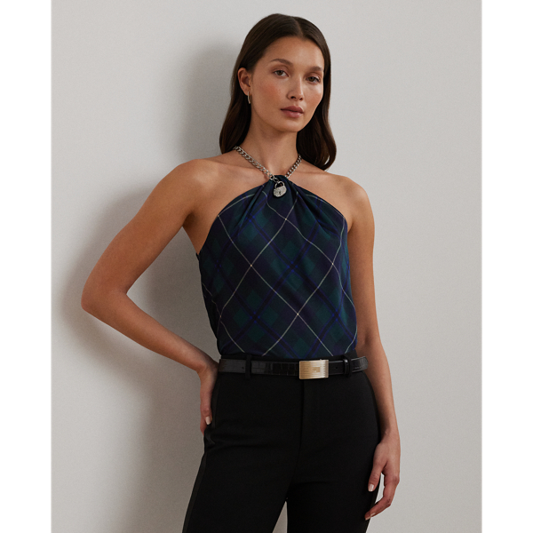 Plaid Chain-Trim Charmeuse Halter Blouse