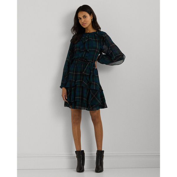 Blue/Black/Green Plaid Ruffle-Trim Georgette Tiered Dress Lauren 1