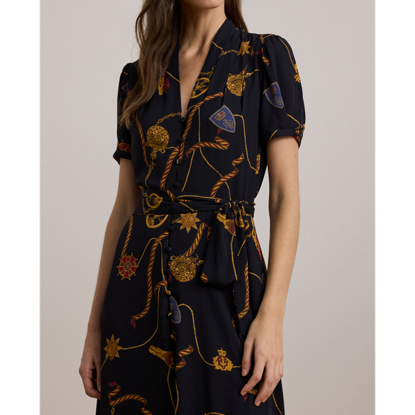 LAUREN RALPH LAUREN ★ ゼブラプリント ジョーゼット ガウン プリント ベルテッド ジョーゼット パフスリーブ ドレス