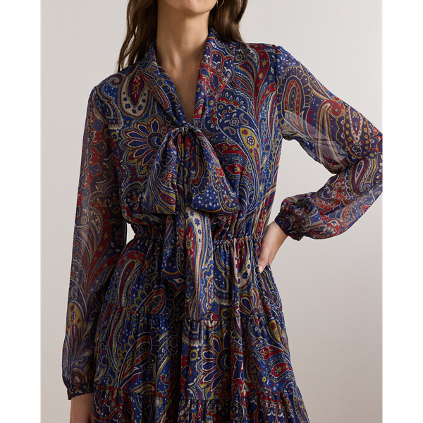 Paisley Chiffon Tiered Tie Neck Dress