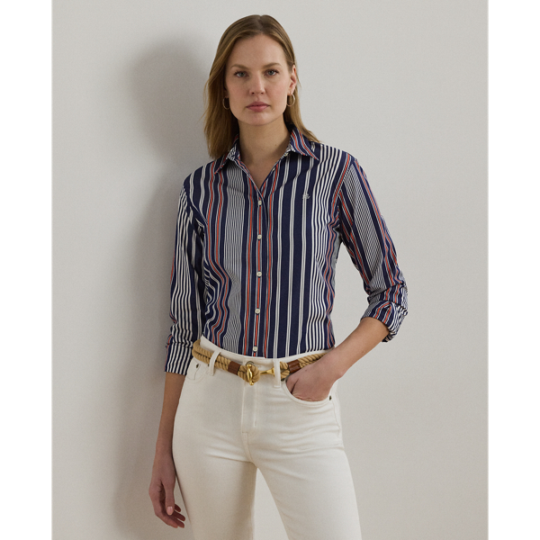 Blue/White/Orange Classic Fit Striped Broadcloth Shirt Lauren 1