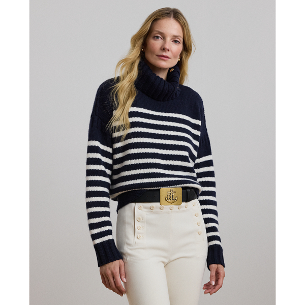 Offers Lauren Ralph Lauren red cotton turtle neck sweater with black stripes, women's M