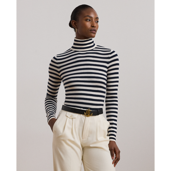 Lauren Navy/Cream Striped Silk-Blend Turtleneck Sweater Lauren 1