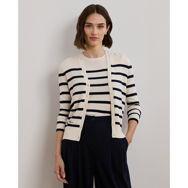 Mascarpone Cream/Navy Striped Cotton-Blend Cardigan Lauren 1