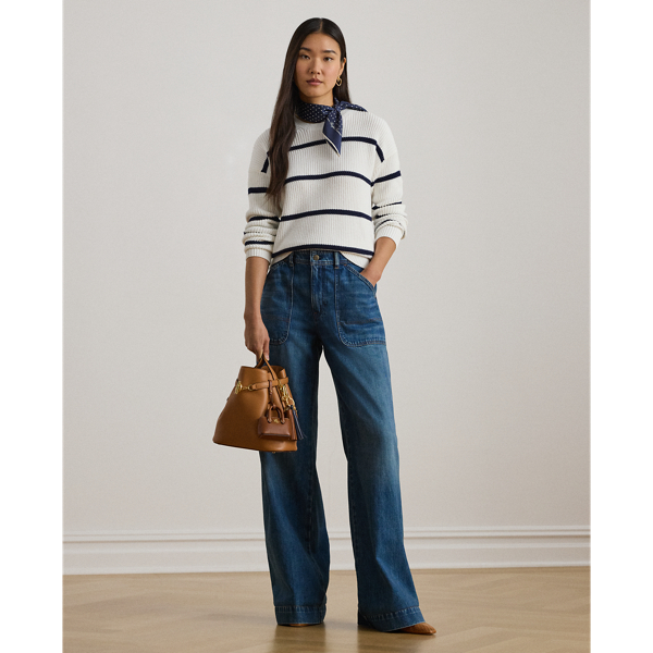 Striped Rib-Knit Cotton Crewneck Sweater