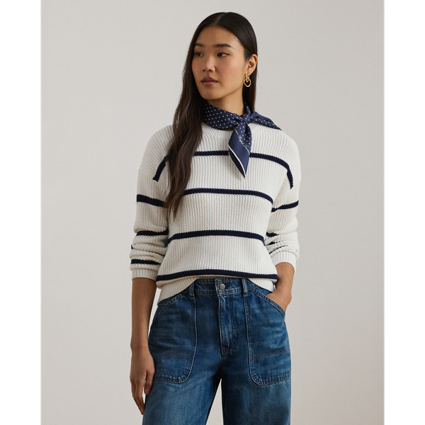 (取寄) ローレン ラルフローレン レディース ストライプド リブ-ニット クルー ネック セーター Lauren Ralph Lauren women Striped Rib-Knit Crew Neck Sweater Mascarpone Cream/Lauren Navy Striped Rib-Knit Cotton Crewneck Sweater