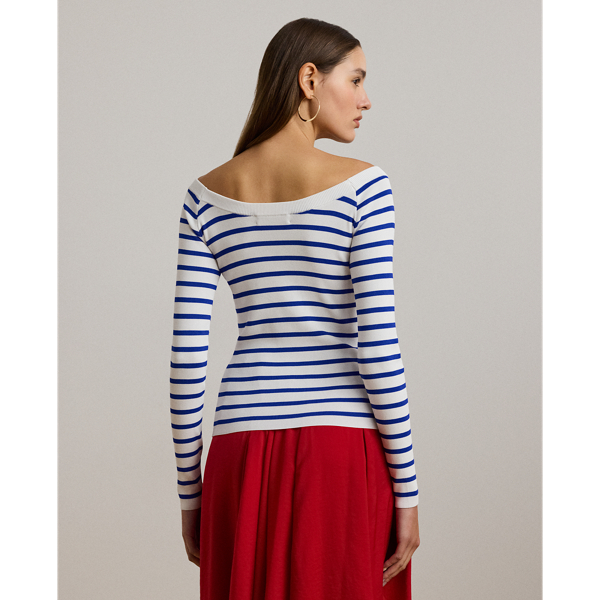 (取寄) ローレン ラルフローレン レディース ストライプド セーター Lauren Ralph Lauren women Striped Ballet-neck Sweater White/New Sapphire Striped Ballet-Neck Sweater