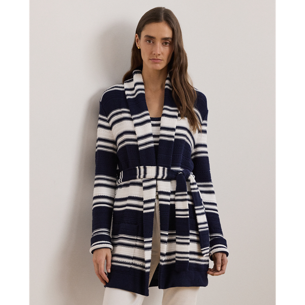 Lauren Ralph Lauren Women s Striped Belted Cotton blend Cardigan Refined Navy White Size Xs