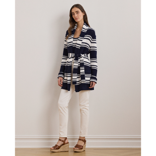 Refined Navy/White Striped Belted Cotton-Blend Cardigan Lauren 1