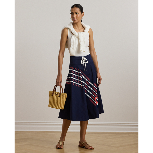 Rope-Print Twill Lace-Up Midi Skirt