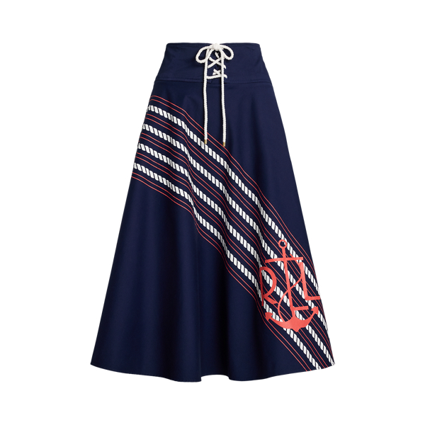 Rope-Print Twill Lace-Up Midi Skirt