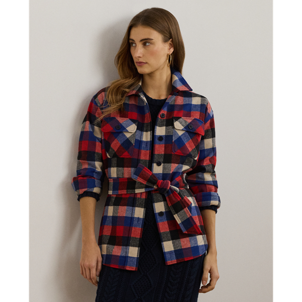 Red/Black/Blue Multi Buffalo Check Belted Twill Shirt Jacket Lauren 1