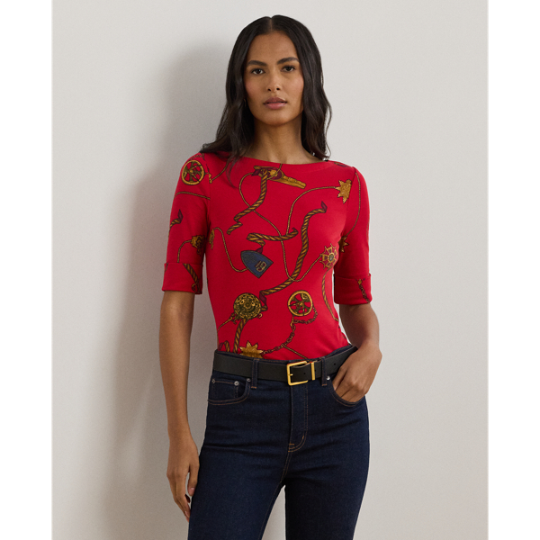 Red Multi Baumwoll-T-Shirt mit U-Boot-Ausschnitt Lauren 1