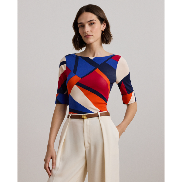 Blue Multi Baumwoll-T-Shirt mit U-Boot-Ausschnitt Lauren 1