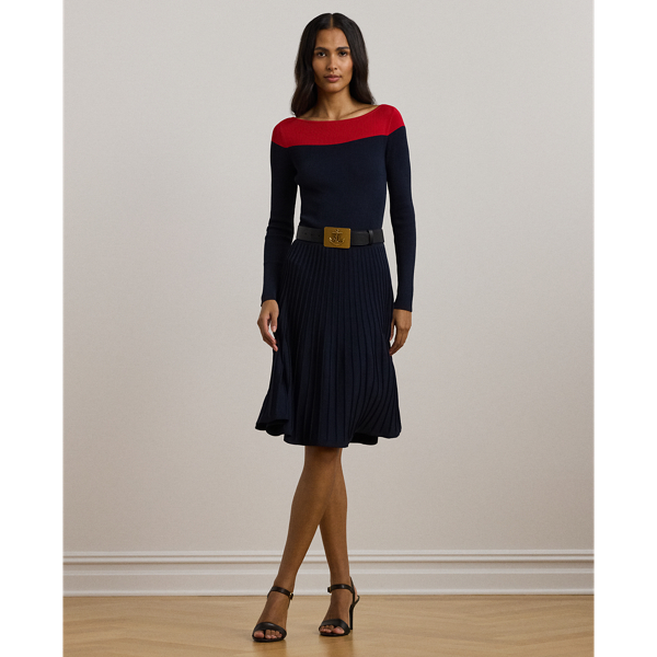 Lauren Navy/Festive Red Two-Tone Pointelle-Knit Dress Lauren 1