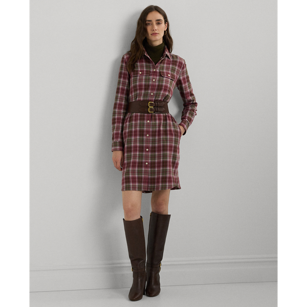 Checked Plaid Belted Cotton Shirtdress