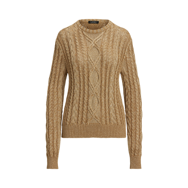 Aran-Knit Metallic Crewneck Sweater