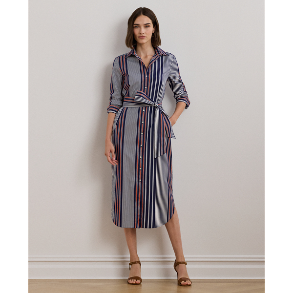 Blue/White/Orange Striped Cotton Broadcloth Shirtdress Lauren 1