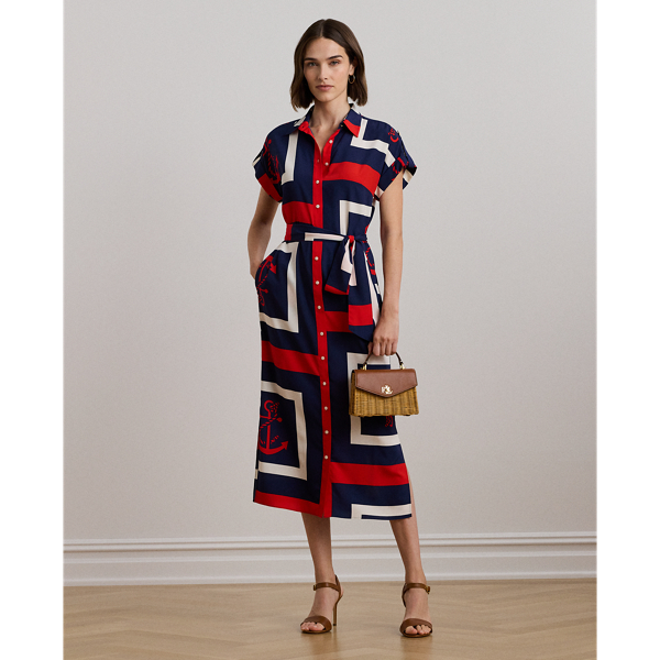 Anchor-Print Belted Crepe Shirtdress