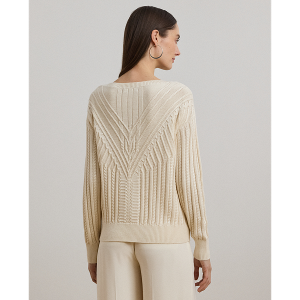 Mascarpone Cream Cable-Knit Cotton Blend Boat Neck Jumper Lauren 5