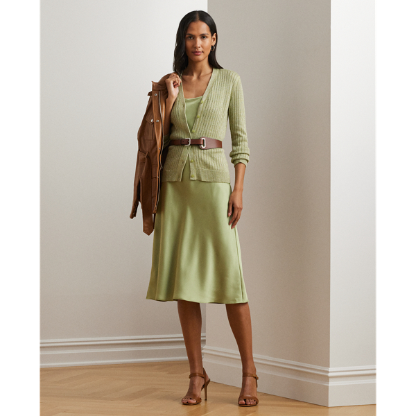 Light Olive Metallic Linen-Blend Rib-Knit Cardigan Lauren 1