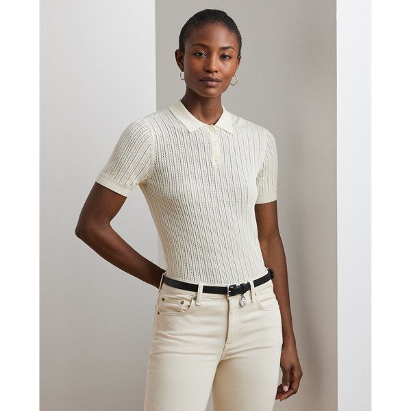 Pointelle-Knit Cotton-Blend Polo Sweater