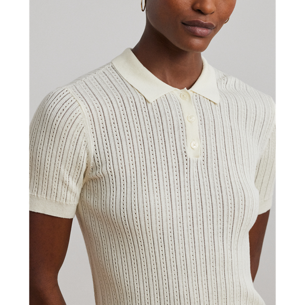 Pointelle-Knit Cotton-Blend Polo Sweater