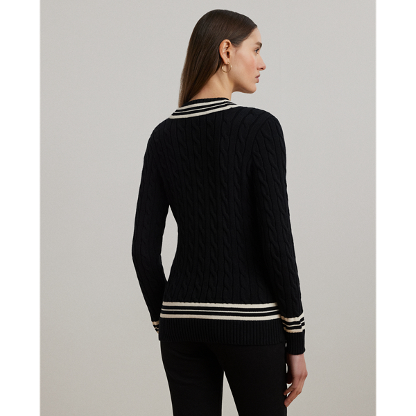 Black/Mascarpone Cream Cable-Knit Cotton Cricket Jumper Lauren 5