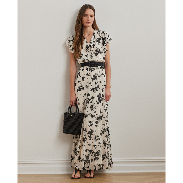 Cream/Black Floral Georgette Tie-Neck Maxidress Lauren 1