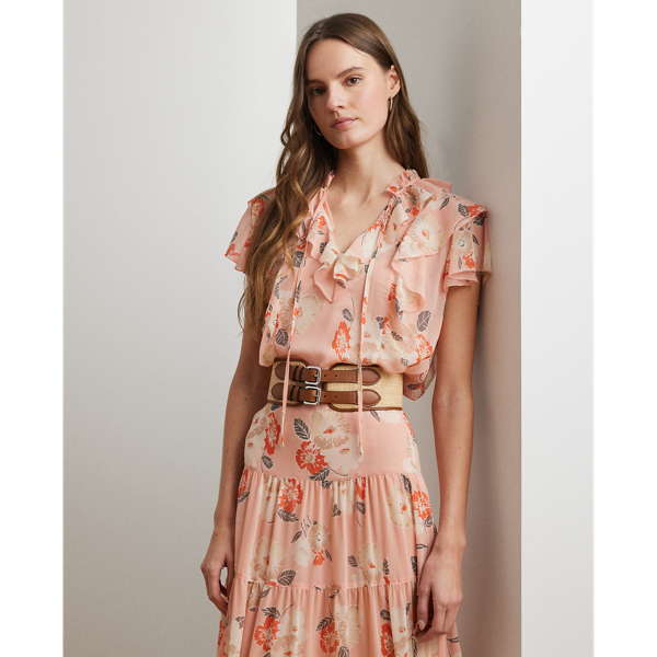 Floral Ruffle-Trim Georgette Blouse