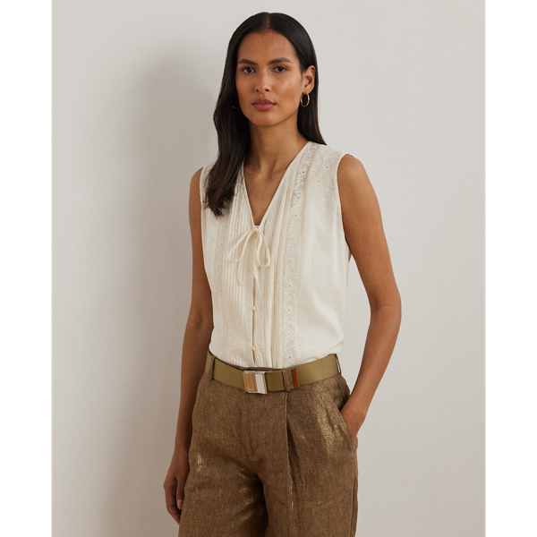 Mascarpone Cream Ärmellose Voile-Bluse mit Stickerei Lauren 1