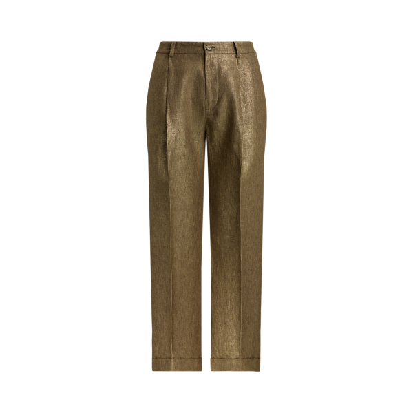 Pleated Metallic Linen Cropped Trouser