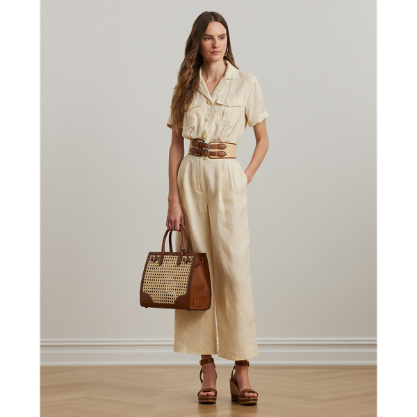 Ivory Beige Bestickter Kurzarm-Jumpsuit aus Leinen Lauren 1