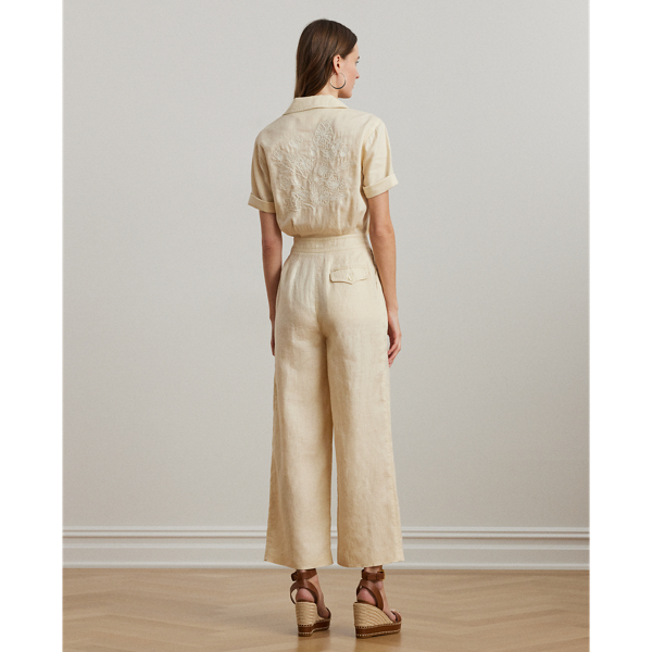 Embroidered Linen Short-Sleeve Jumpsuit