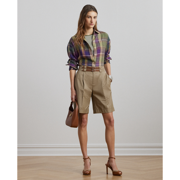 Madison Tan Buckle-Trim Pleated Cotton Twill Short Lauren 1