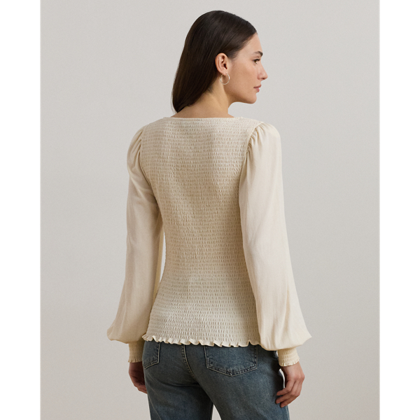 Mascarpone Cream Smocked Jersey Blouson-Sleeve Top Lauren 5